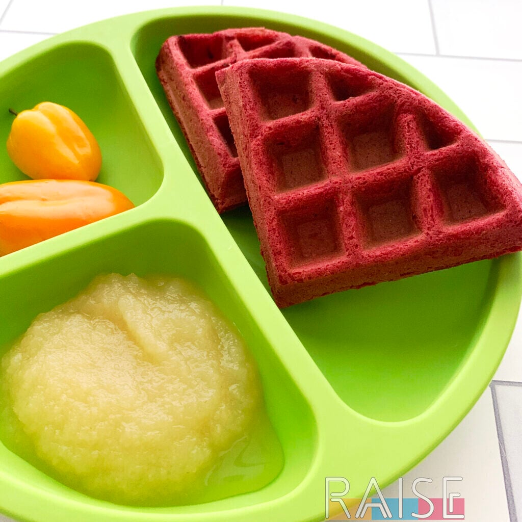 Gluten Free Egg Free Beet Waffles on Toddler Plate by The Allergy Chef
