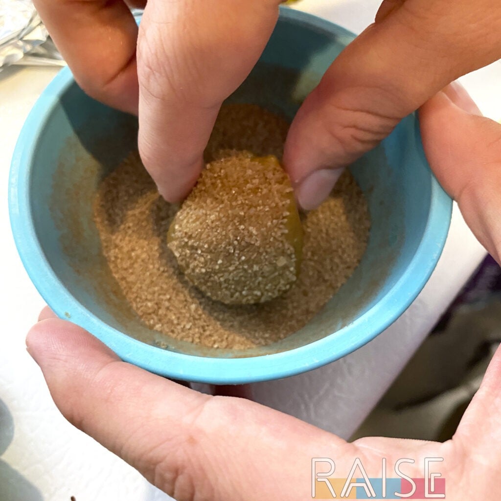 Dipping Snickerdoodle Cookie Dough Ball in Cinnamon Sugar Mixture by The Allergy Chef