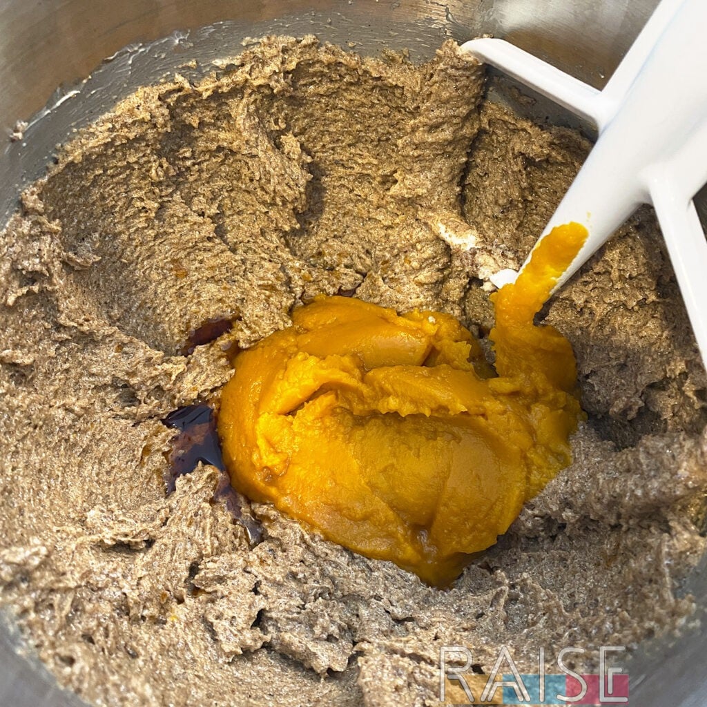 Pumpkin Puree Added to Mixing Bowl by The Allergy Chef