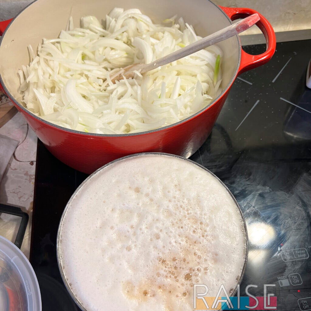 Sliced Onions and Ale Reduction Cooking on Stovetop by The Allergy Chef