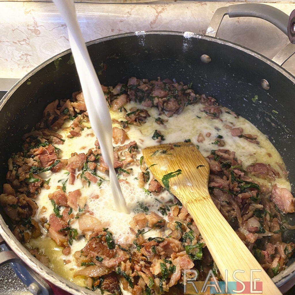 Adding Dairy Free Milk to Bacon Pan by The Allergy Chef