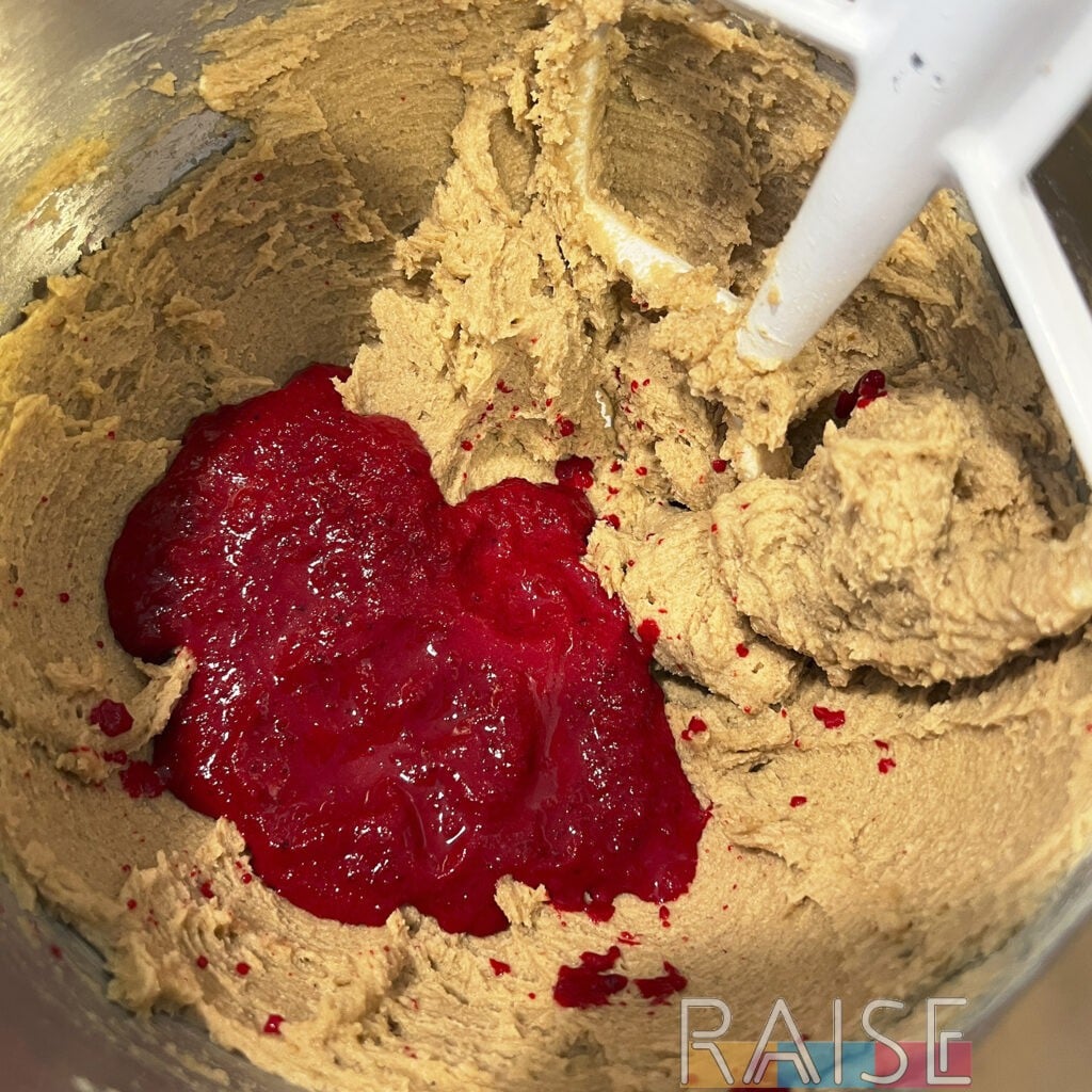 Blended Beets Added to VeganCookie Dough in Mixing Bowl by The Allergy Chef