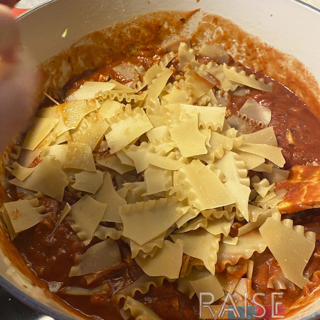 Broken Lasagna Noodles in Dutch Oven by The Allergy Chef