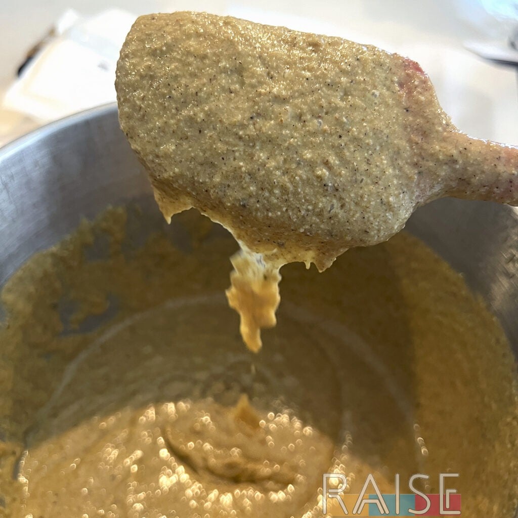 Gluten Free Vegan Cake Batter Consistency on Spatula by The Allergy Chef