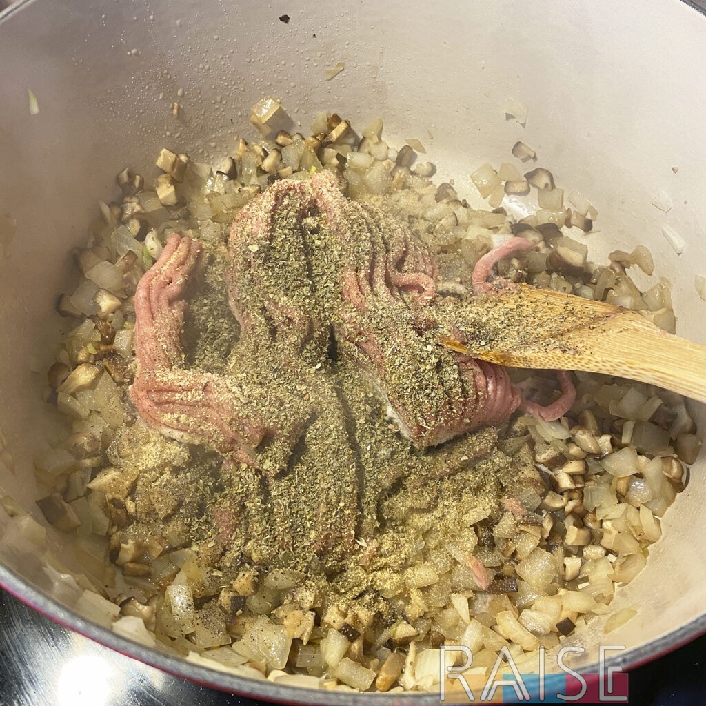 Lasagna Soup Meat and Spices Added to Dutch Oven by The Allergy Chef
