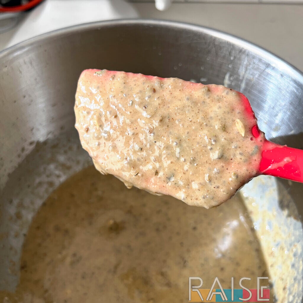 Vegan Gluten Free Apple Cake Batter Closeup on Spatula by The Allergy Chef
